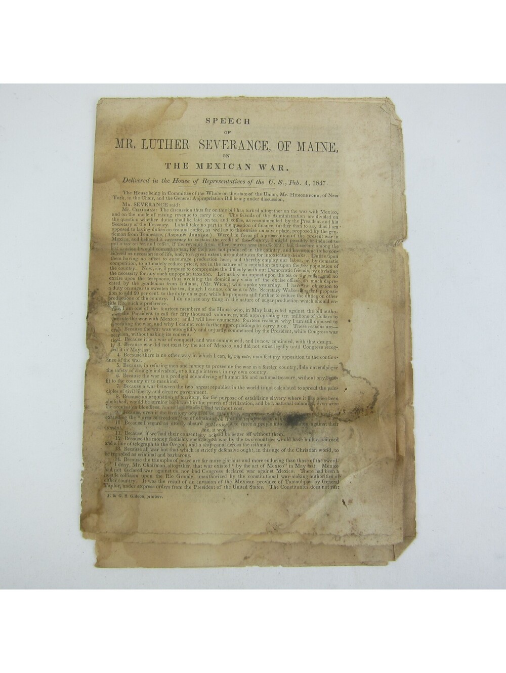 Speech Luther Severance Maine on Mexican War Politics Antislavery Antique 1847